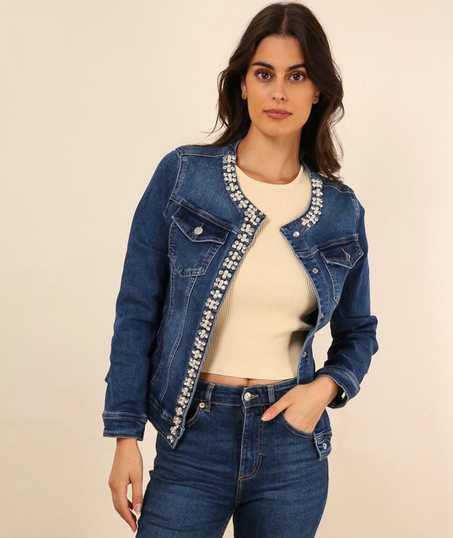 Embellished collarless Denim Jacket
