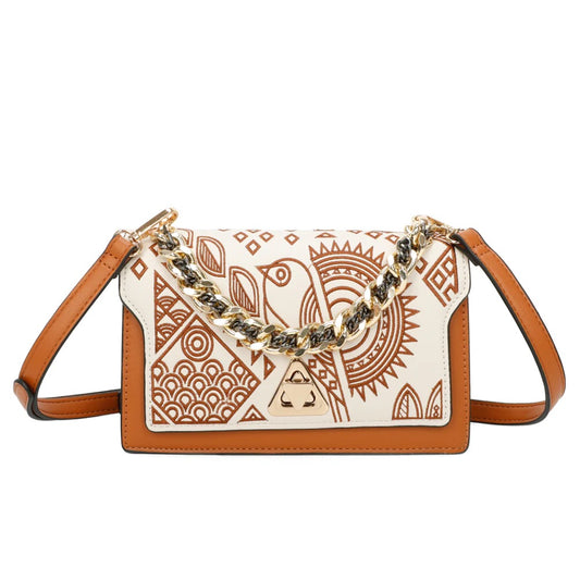 Aztec Embroidered Tan Contrast Handbag