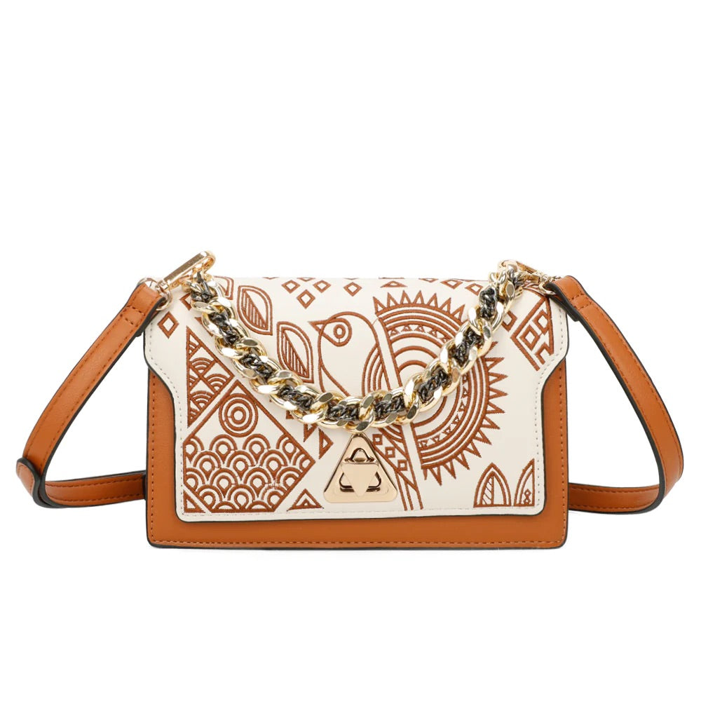 Aztec Embroidered Tan Contrast Handbag