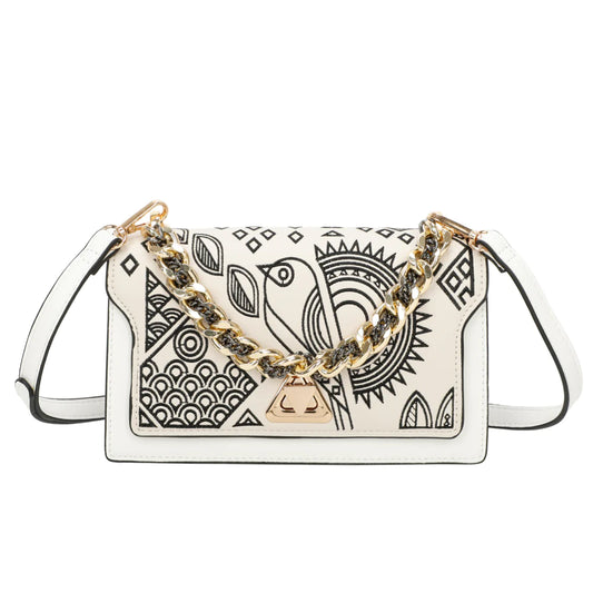 Aztec Embroidered White Contrast Handbag